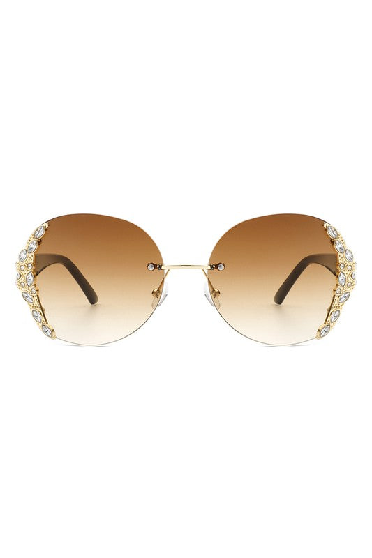 Women Rimless Round Rhinestone Oversize Sunglasses-Teresa&#39;s Fashionista LLC