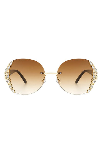 Women Rimless Round Rhinestone Oversize Sunglasses-Teresa&#39;s Fashionista LLC