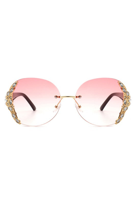 Women Rimless Round Rhinestone Oversize Sunglasses-Teresa&#39;s Fashionista LLC