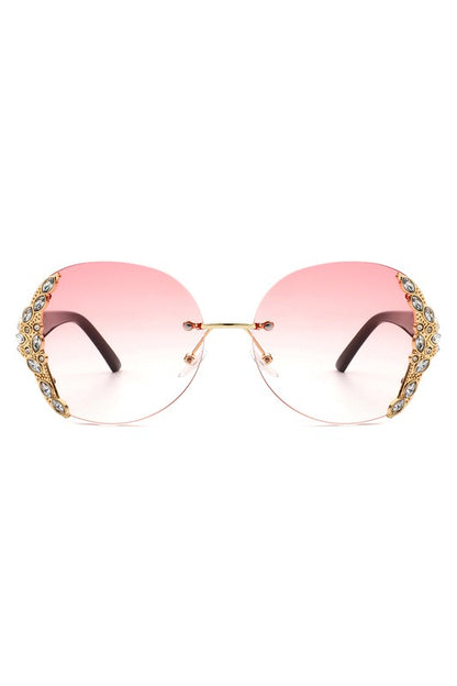 Women Rimless Round Rhinestone Oversize Sunglasses-Teresa&#39;s Fashionista LLC