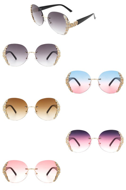 Women Rimless Round Rhinestone Oversize Sunglasses-Teresa&#39;s Fashionista LLC