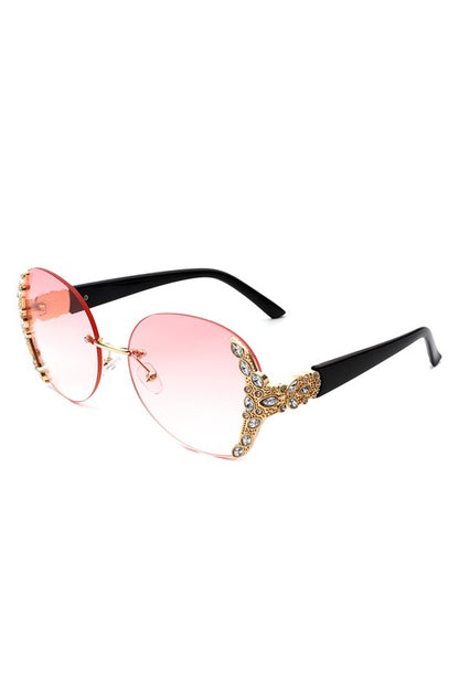 Women Rimless Round Rhinestone Oversize Sunglasses-Teresa&#39;s Fashionista LLC