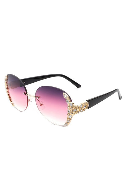 Women Rimless Round Rhinestone Oversize Sunglasses-Teresa&#39;s Fashionista LLC