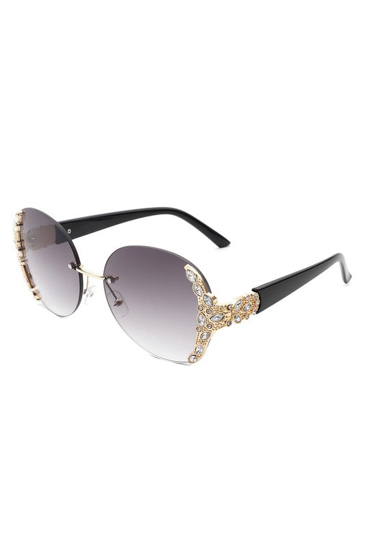 Women Rimless Round Rhinestone Oversize Sunglasses-Teresa&#39;s Fashionista LLC