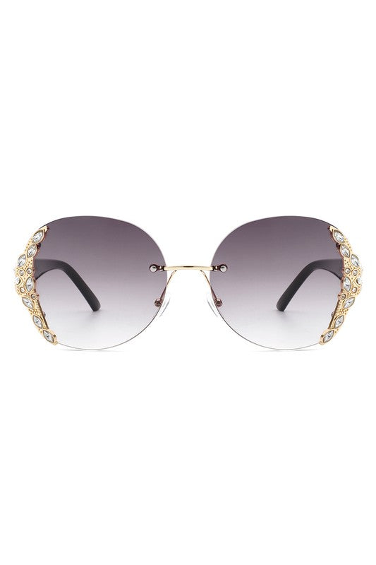 Women Rimless Round Rhinestone Oversize Sunglasses-Teresa&#39;s Fashionista LLC