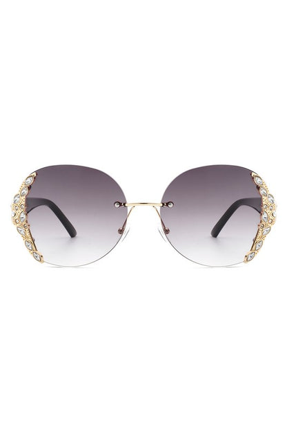 Women Rimless Round Rhinestone Oversize Sunglasses-Teresa&#39;s Fashionista LLC