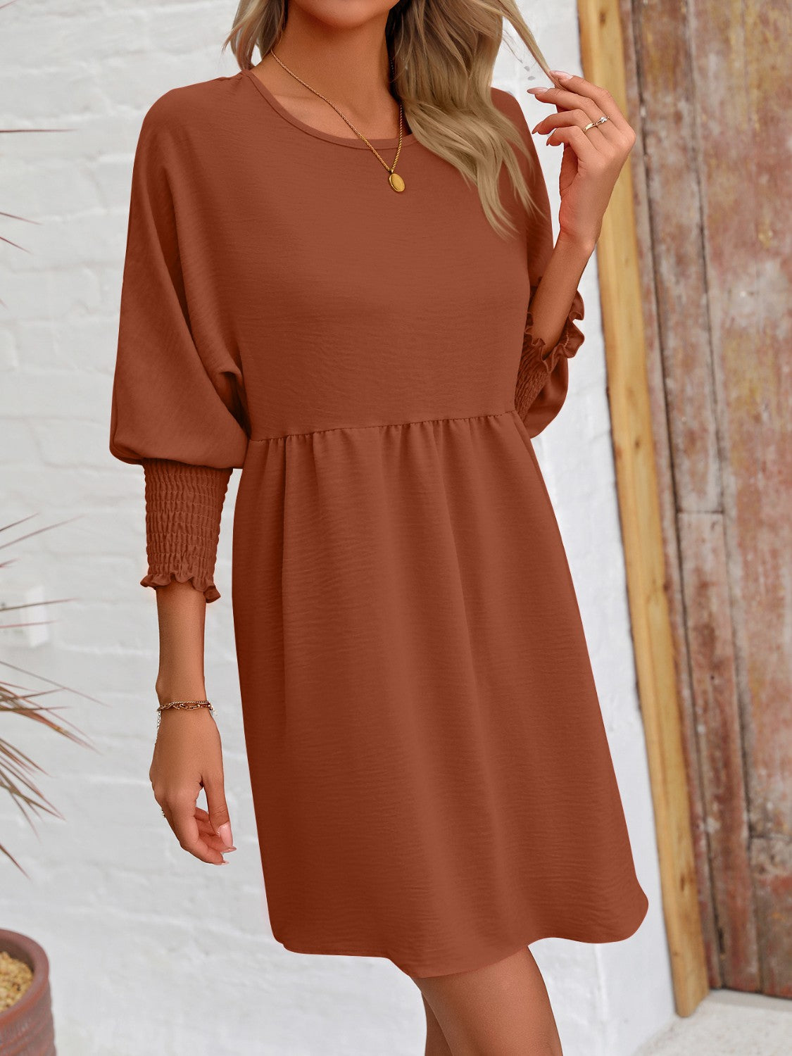 Round Neck Lantern Sleeve Mini Dress-Teresa&#39;s Fashionista LLC