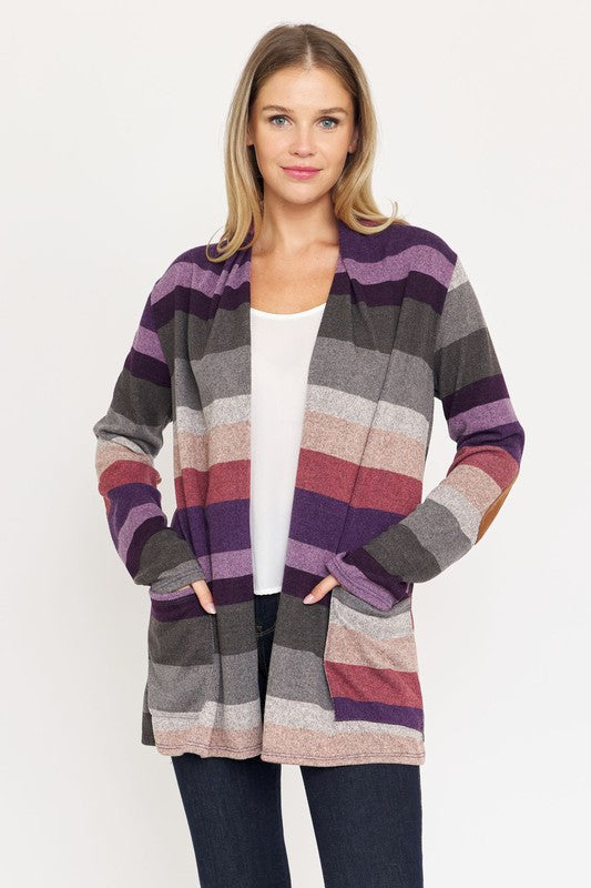 Stripe Elbow Patch Cardigan-Teresa&#39;s Fashionista LLC