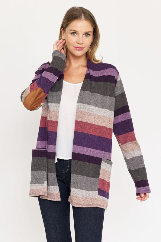 Stripe Elbow Patch Cardigan-Teresa&#39;s Fashionista LLC