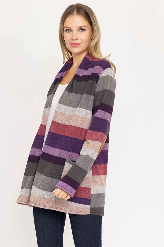 Stripe Elbow Patch Cardigan-Teresa&#39;s Fashionista LLC