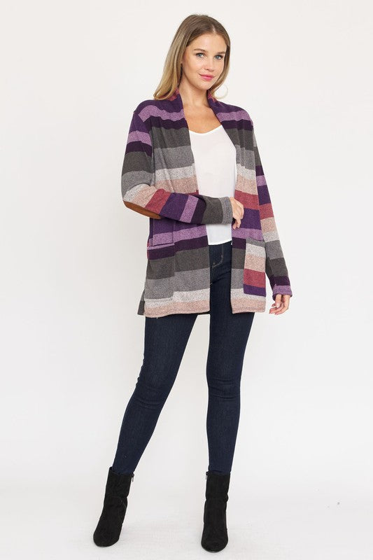 Stripe Elbow Patch Cardigan-Teresa&#39;s Fashionista LLC