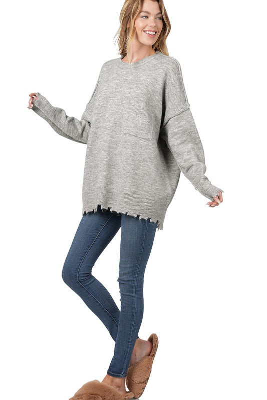 Distressed Melange Oversized Sweater-Teresa&#39;s Fashionista LLC