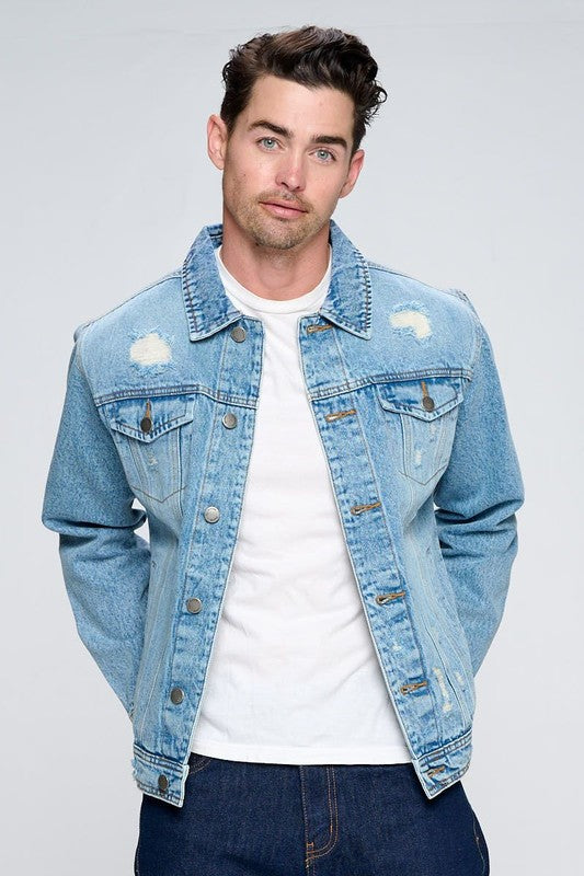 Men's Denim Jacket with Distressed-Teresa&#39;s Fashionista LLC