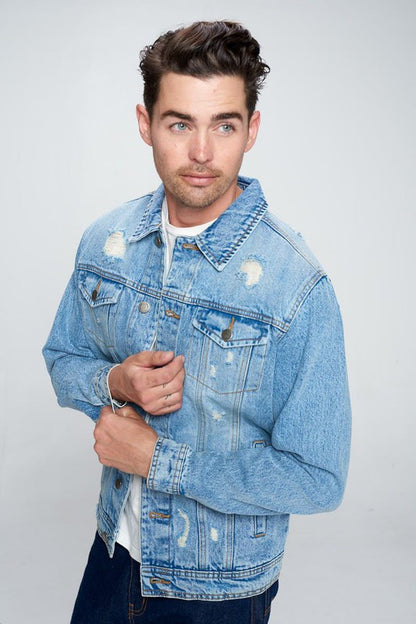 Men's Denim Jacket with Distressed-Teresa&#39;s Fashionista LLC