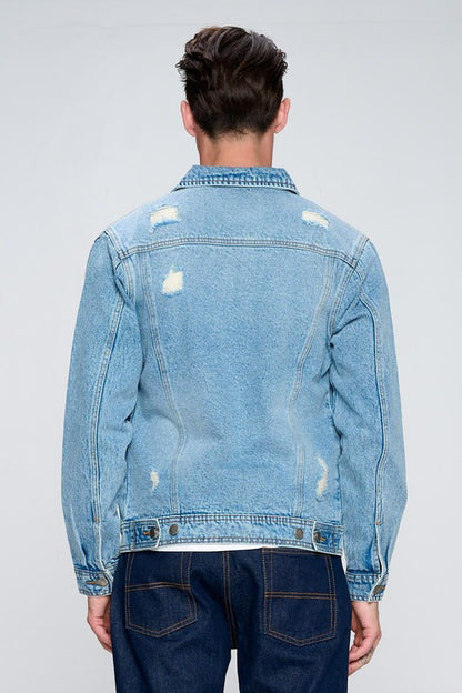 Men's Denim Jacket with Distressed-Teresa&#39;s Fashionista LLC