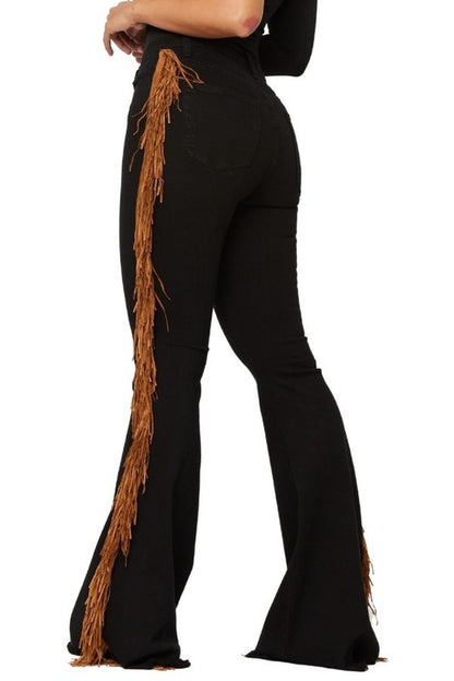 Black Bell Bottom Jean with Side Fringe