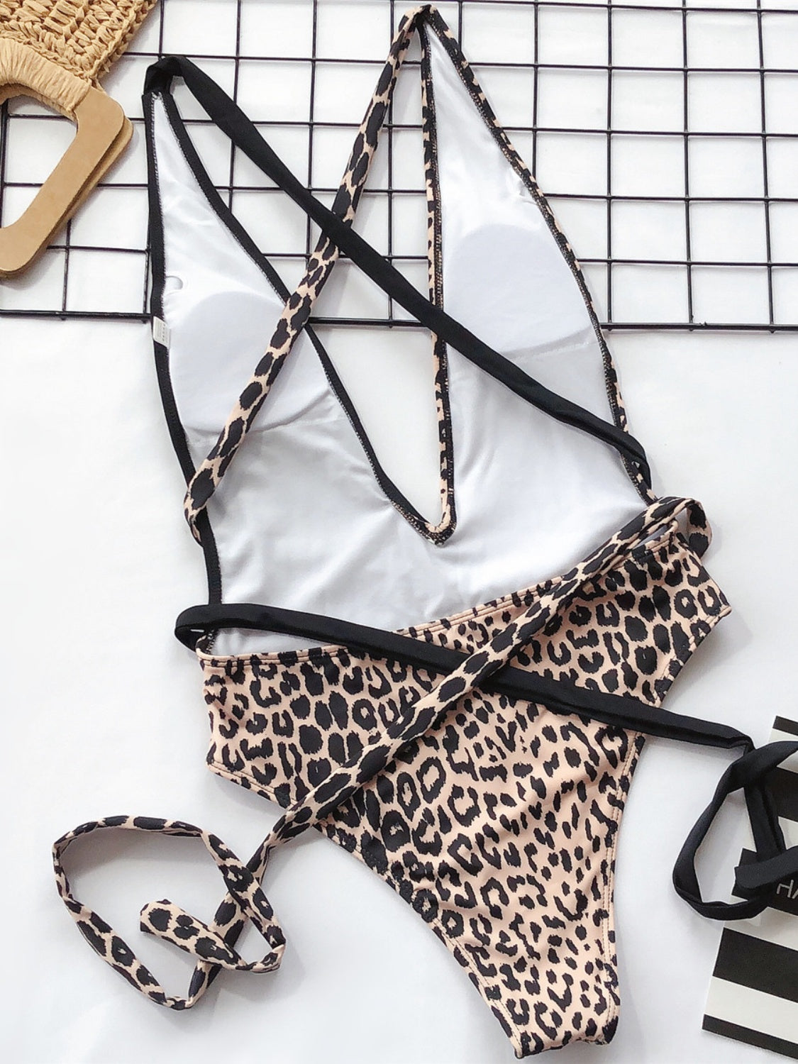 Tied Leopard Plunge One-Piece Swimwear-Teresa&#39;s Fashionista LLC