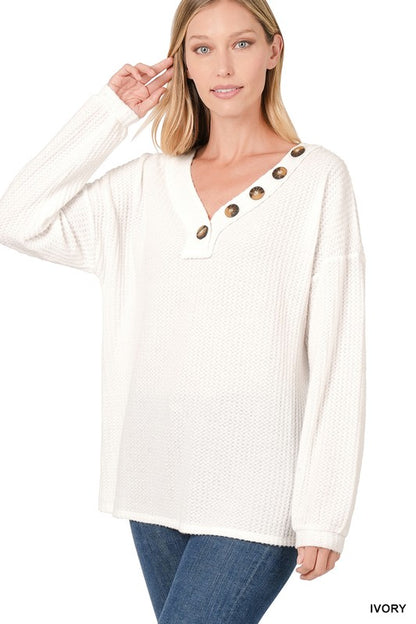 Brushed Thermal Waffle Button Detail Sweater-Teresa&#39;s Fashionista LLC