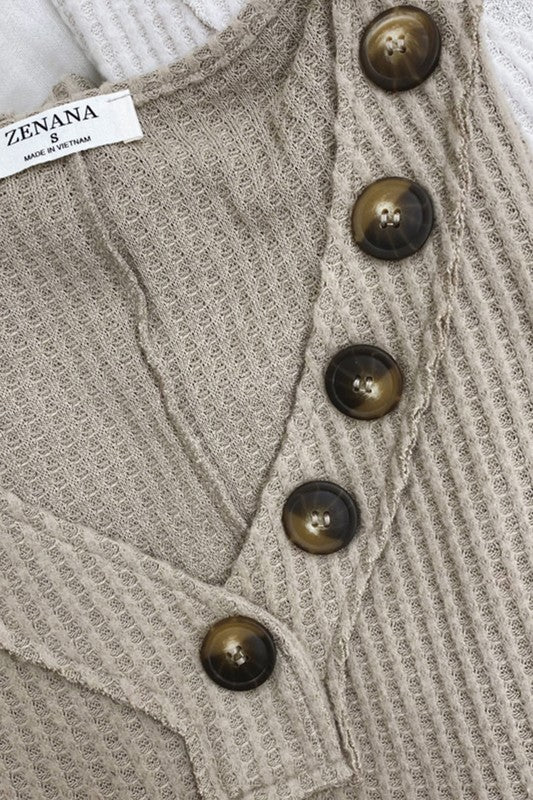 Brushed Thermal Waffle Button Detail Sweater-Teresa&#39;s Fashionista LLC