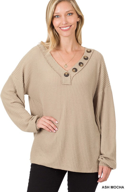 Brushed Thermal Waffle Button Detail Sweater-Teresa&#39;s Fashionista LLC