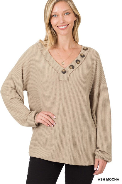 Brushed Thermal Waffle Button Detail Sweater-Teresa&#39;s Fashionista LLC