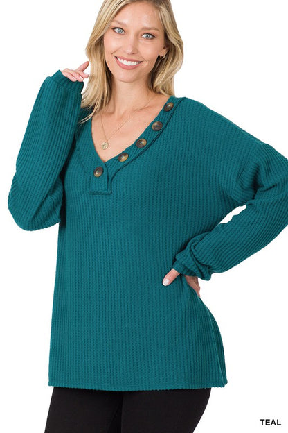 Brushed Thermal Waffle Button Detail Sweater-Teresa&#39;s Fashionista LLC