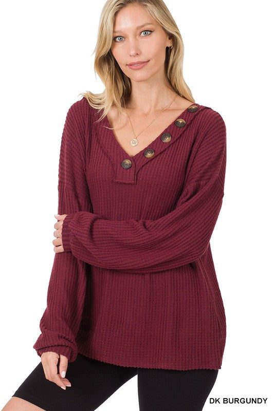 Brushed Thermal Waffle Button Detail Sweater-Teresa&#39;s Fashionista LLC