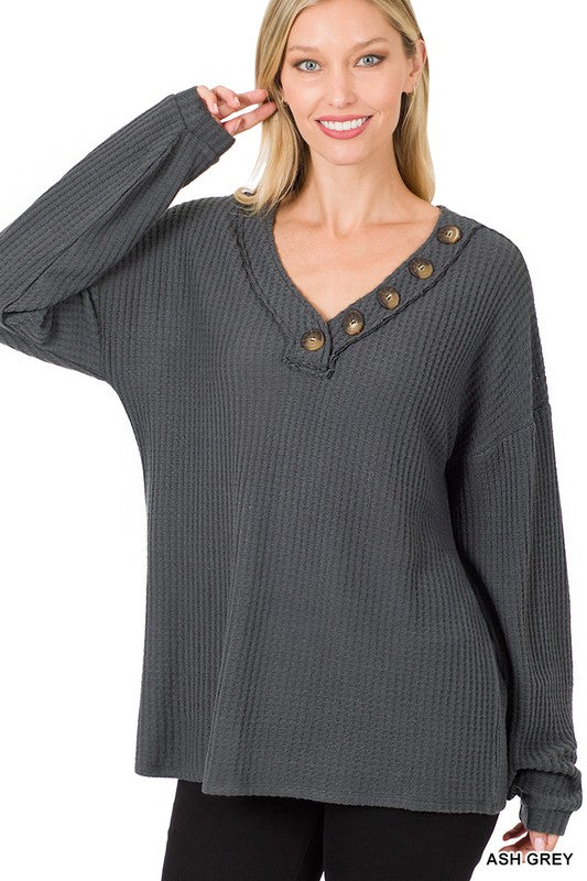 Brushed Thermal Waffle Button Detail Sweater-Teresa&#39;s Fashionista LLC