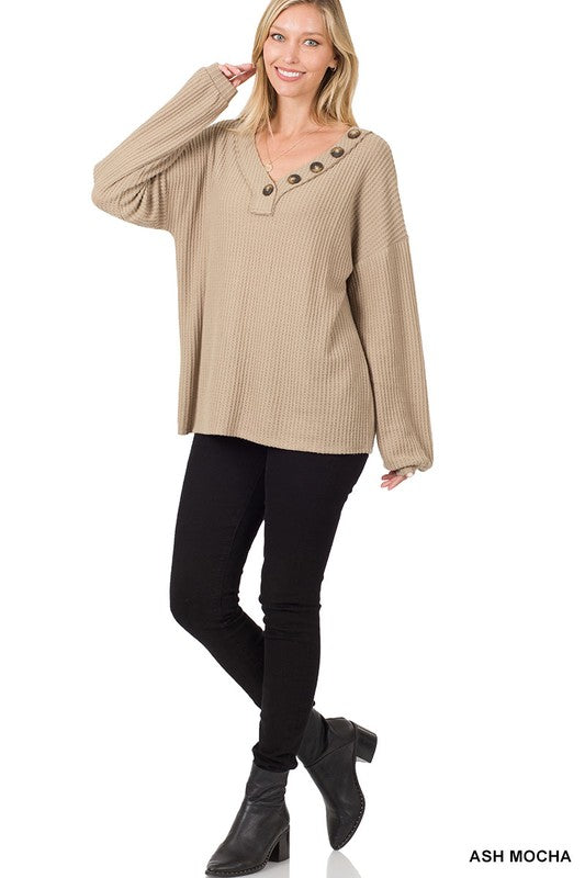 Brushed Thermal Waffle Button Detail Sweater-Teresa&#39;s Fashionista LLC