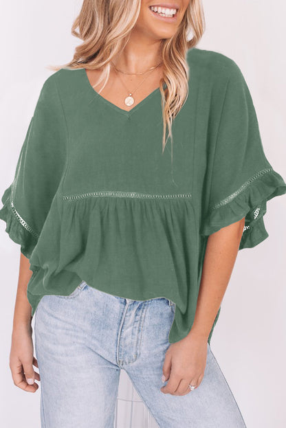 V-Neck Flounce Sleeve Babydoll Blouse-Teresa&#39;s Fashionista LLC