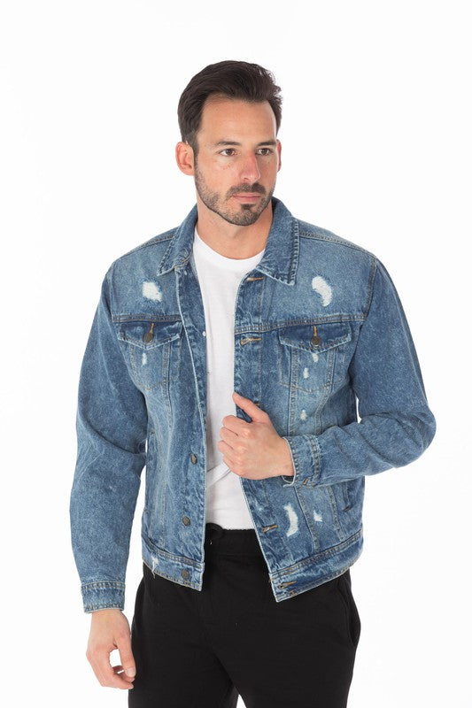 Men's Denim Jacket with Distressed-Teresa&#39;s Fashionista LLC