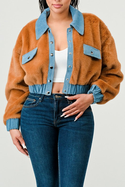 ATHINA CASUAL DENIM CONTRAST FUR CROP JACKET