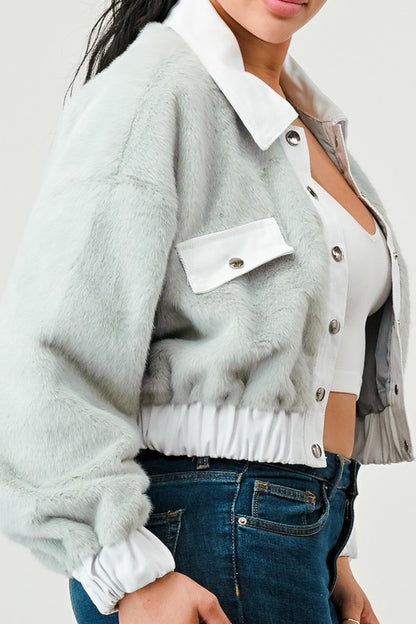 ATHINA CASUAL DENIM CONTRAST FUR CROP JACKET