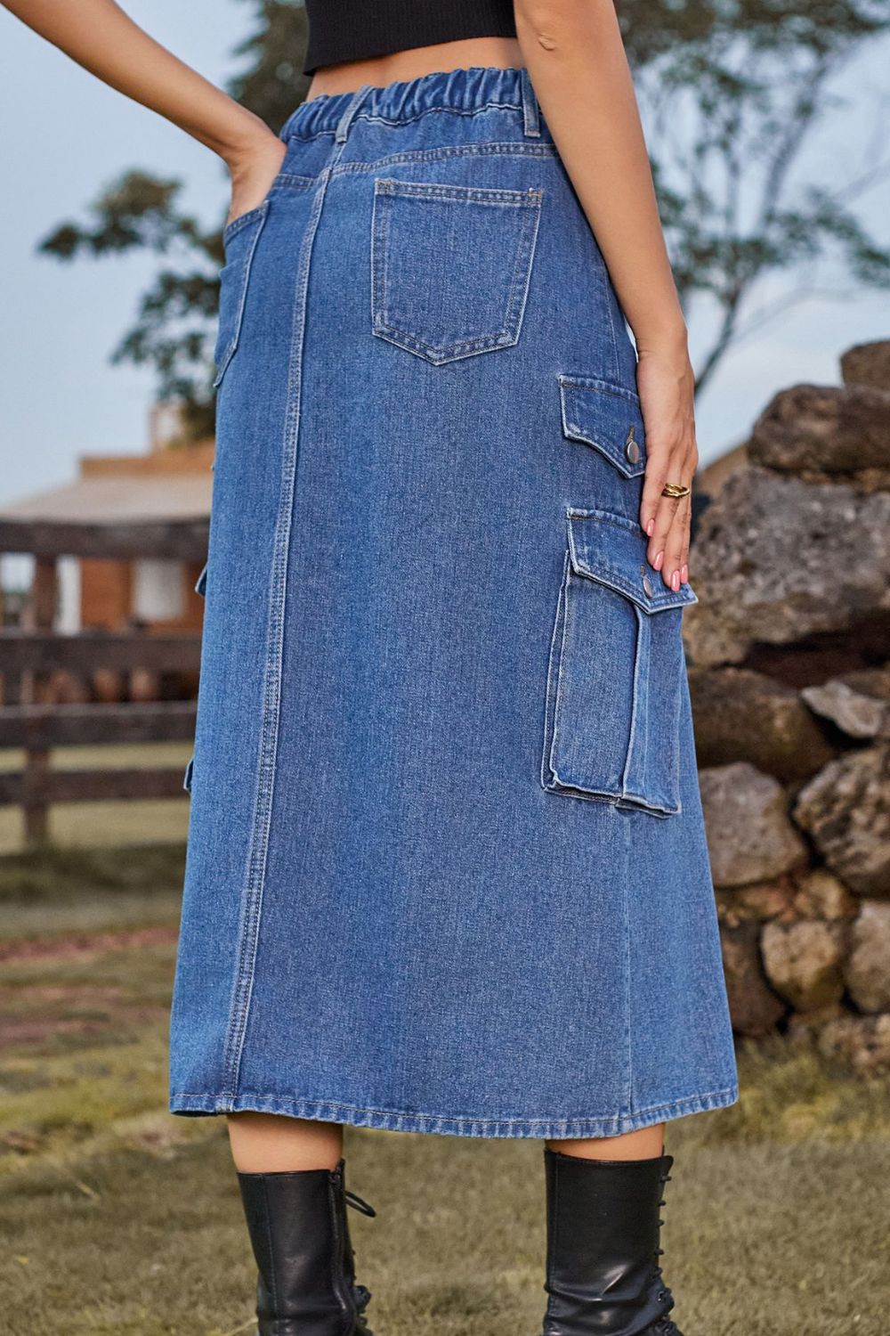 Slit Front Midi Denim Skirt with Pockets-Teresa&#39;s Fashionista LLC