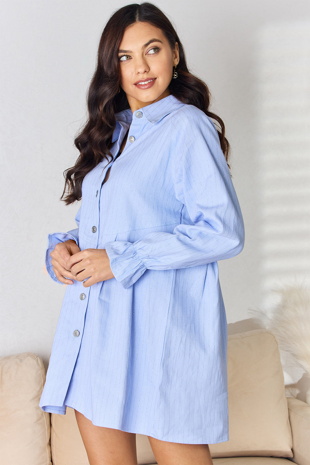 Button Up Collared Neck Flounce Sleeve Denim Dress-Teresa&#39;s Fashionista LLC