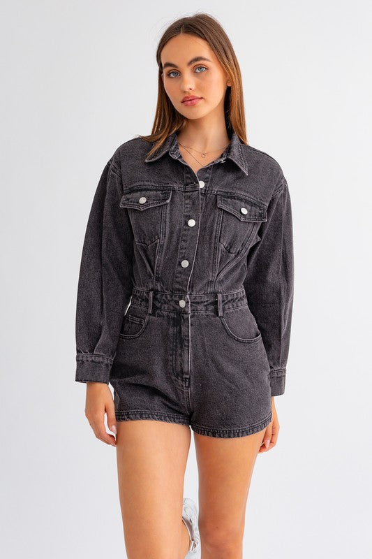 Long Sleeve Denim Romper-Teresa&#39;s Fashionista LLC