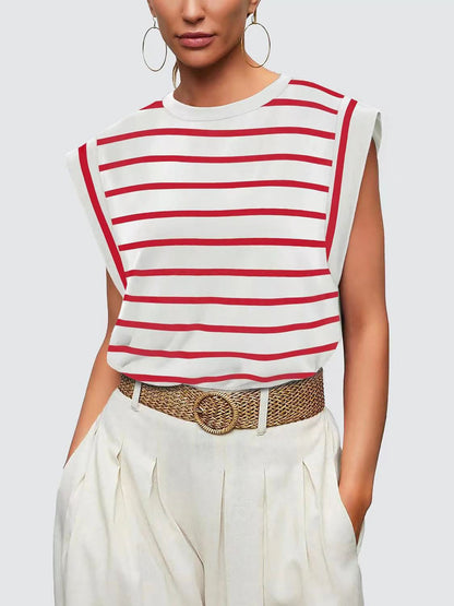 Striped Round Neck Cap Sleeve T-Shirt-Teresa&#39;s Fashionista LLC