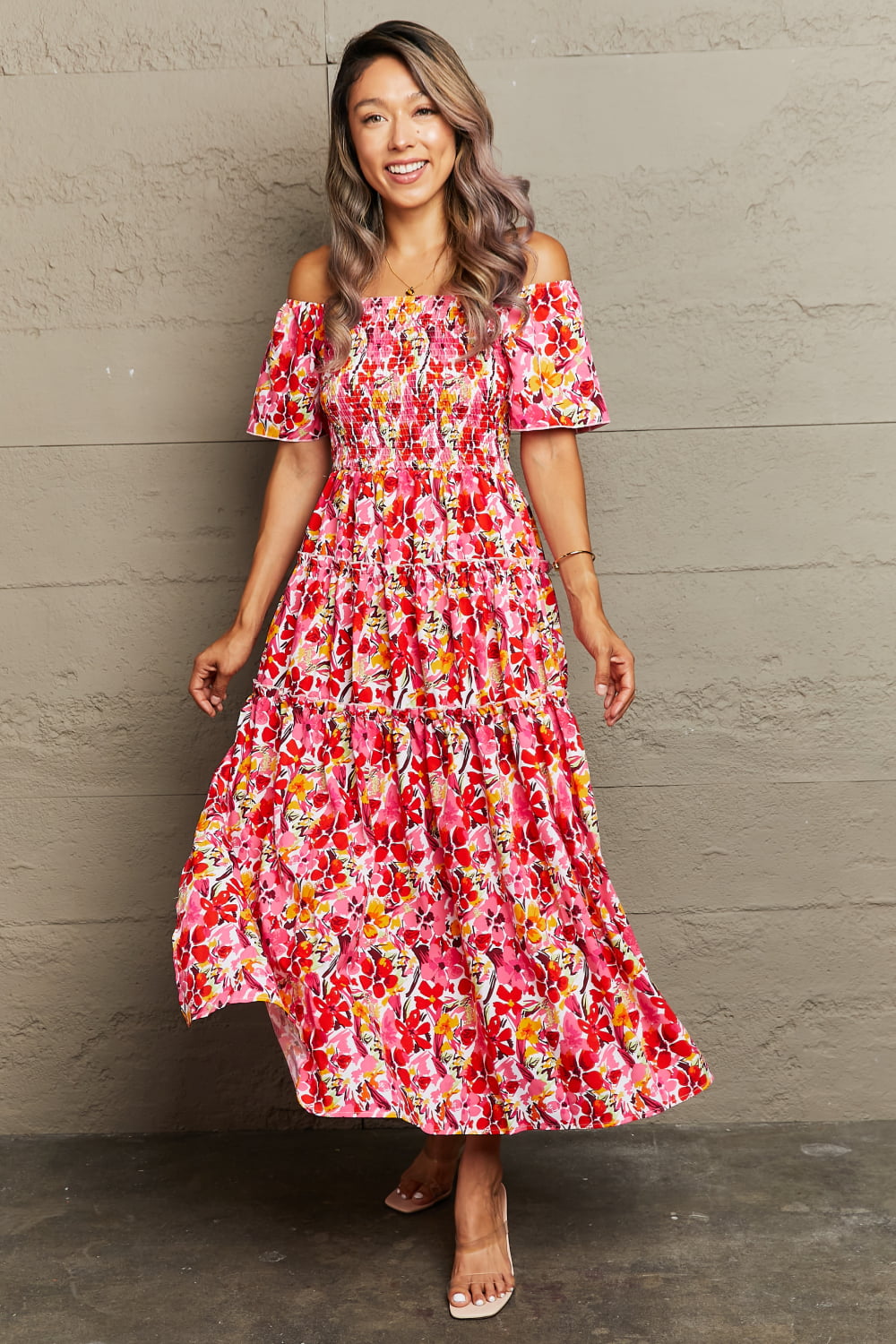 Floral Off-Shoulder Frill Trim Maxi Dress-Teresa&#39;s Fashionista LLC