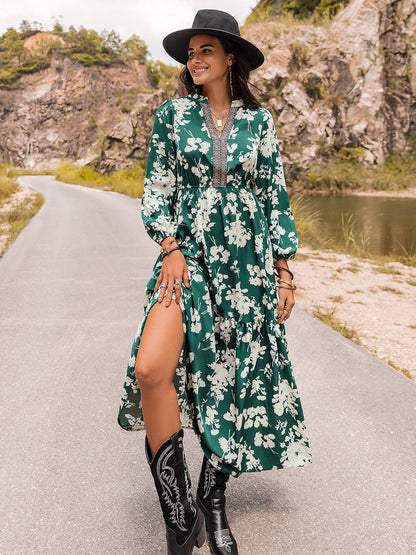 Printed Notched Neck Maxi Dress-Teresa&#39;s Fashionista LLC