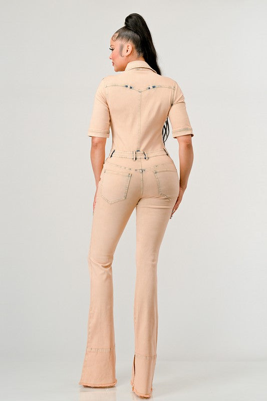 ATHINA WASHED DENIM HALF SLEEVE JUMPSUIT-Teresa&#39;s Fashionista LLC