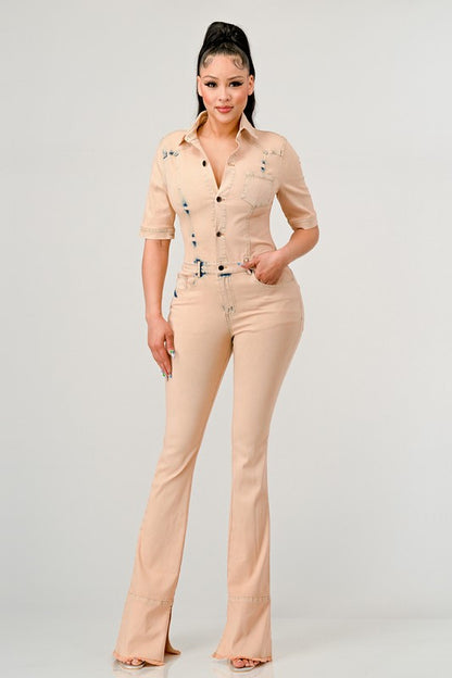 ATHINA WASHED DENIM HALF SLEEVE JUMPSUIT-Teresa&#39;s Fashionista LLC