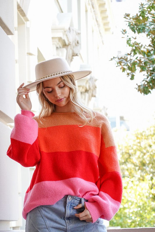 Bold Rainbow Stripe Oversized Chunky Knit Pullover-Teresa&#39;s Fashionista LLC