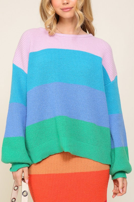 Bold Rainbow Stripe Oversized Chunky Knit Pullover-Teresa&#39;s Fashionista LLC