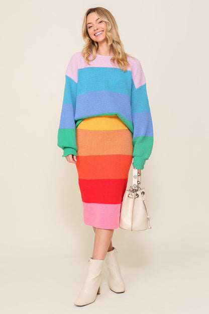 Bold Rainbow Stripe Oversized Chunky Knit Pullover-Teresa&#39;s Fashionista LLC