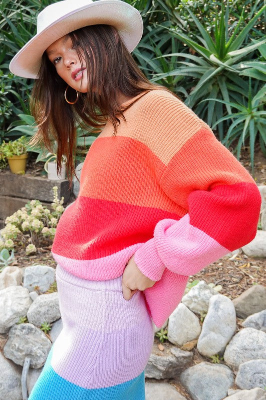 Bold Rainbow Stripe Oversized Chunky Knit Pullover-Teresa&#39;s Fashionista LLC