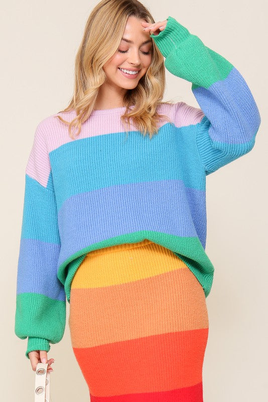 Bold Rainbow Stripe Oversized Chunky Knit Pullover-Teresa&#39;s Fashionista LLC