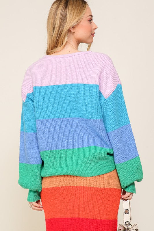 Bold Rainbow Stripe Oversized Chunky Knit Pullover-Teresa&#39;s Fashionista LLC