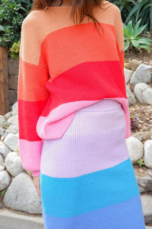 Bold Rainbow Stripe Oversized Chunky Knit Pullover-Teresa&#39;s Fashionista LLC