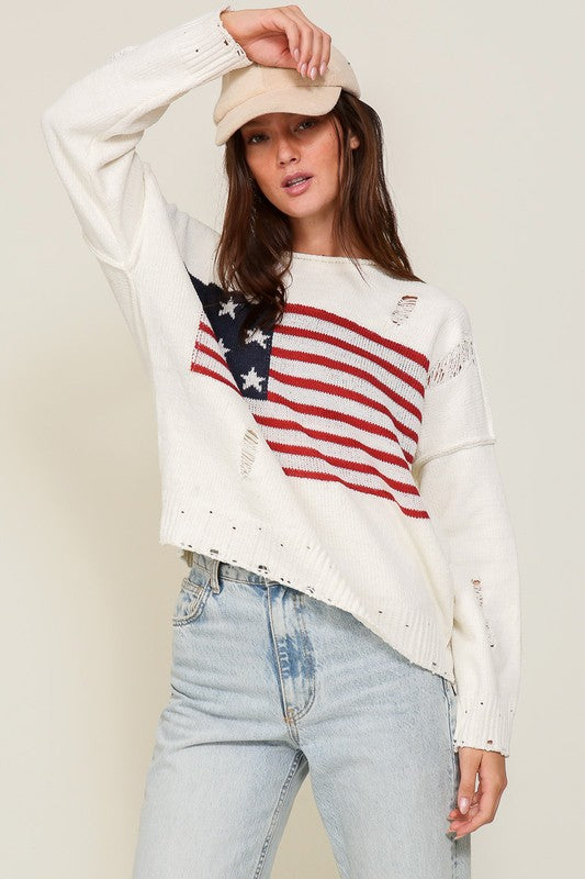 Distressed USA Logo Sweater-Teresa&#39;s Fashionista LLC