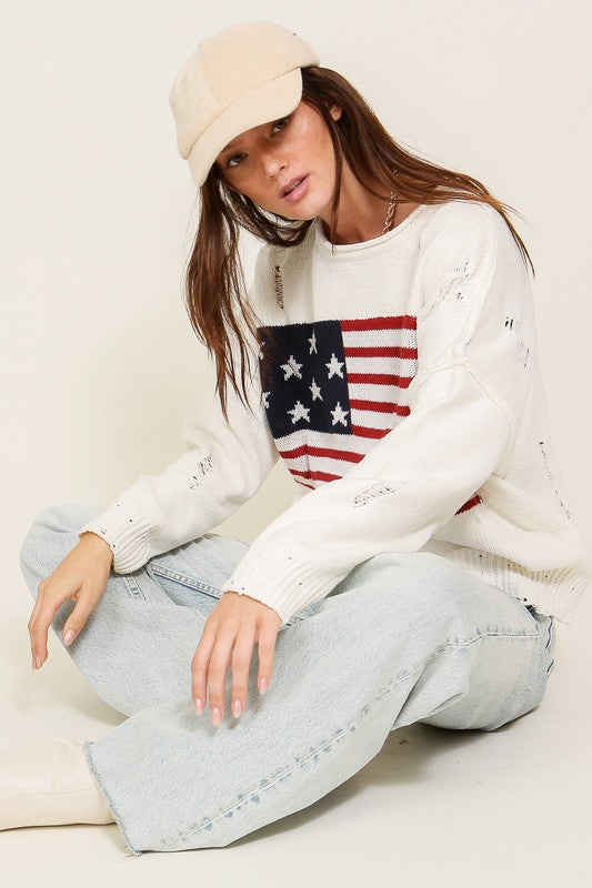 Distressed USA Logo Sweater-Teresa&#39;s Fashionista LLC